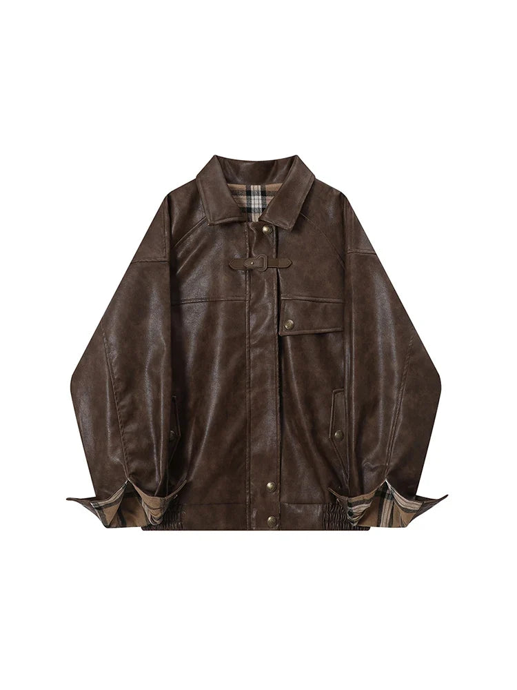 Plaid Lined Leather Jacket – Women's Oversized Reversible Coat