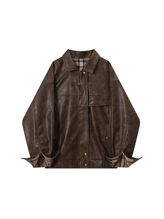 Plaid Lined Leather Jacket – Women's Oversized Reversible Coat