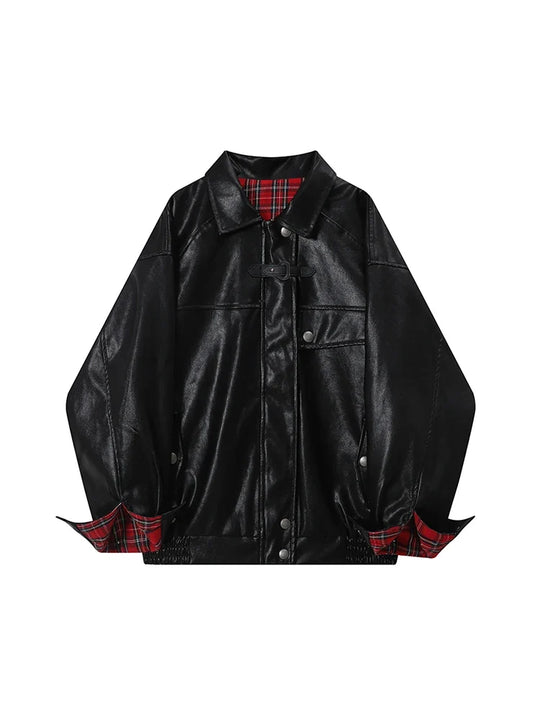 Plaid Lined Leather Jacket – Women's Oversized Reversible Coat