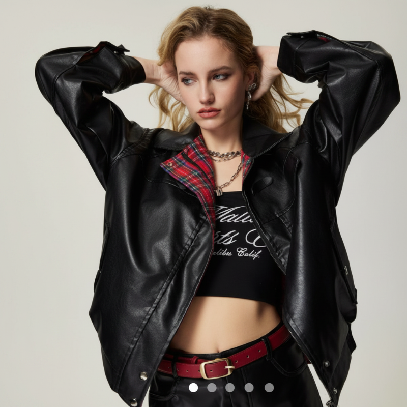 Plaid Lined Leather Jacket – Women's Oversized Reversible Coat