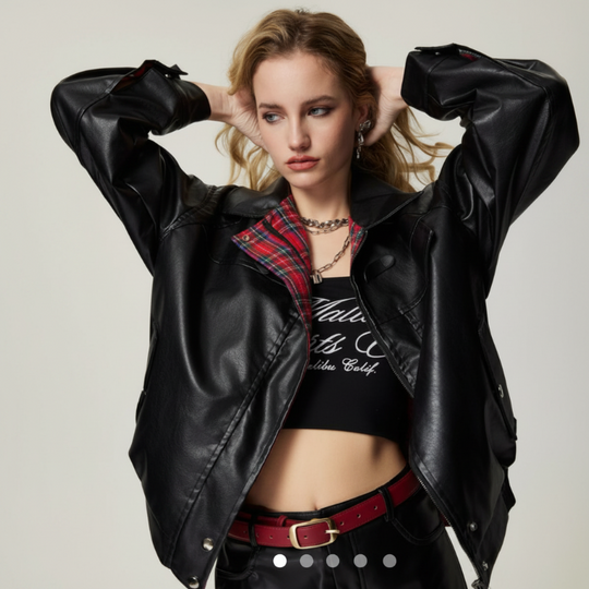 Plaid Lined Leather Jacket – Women's Oversized Reversible Coat