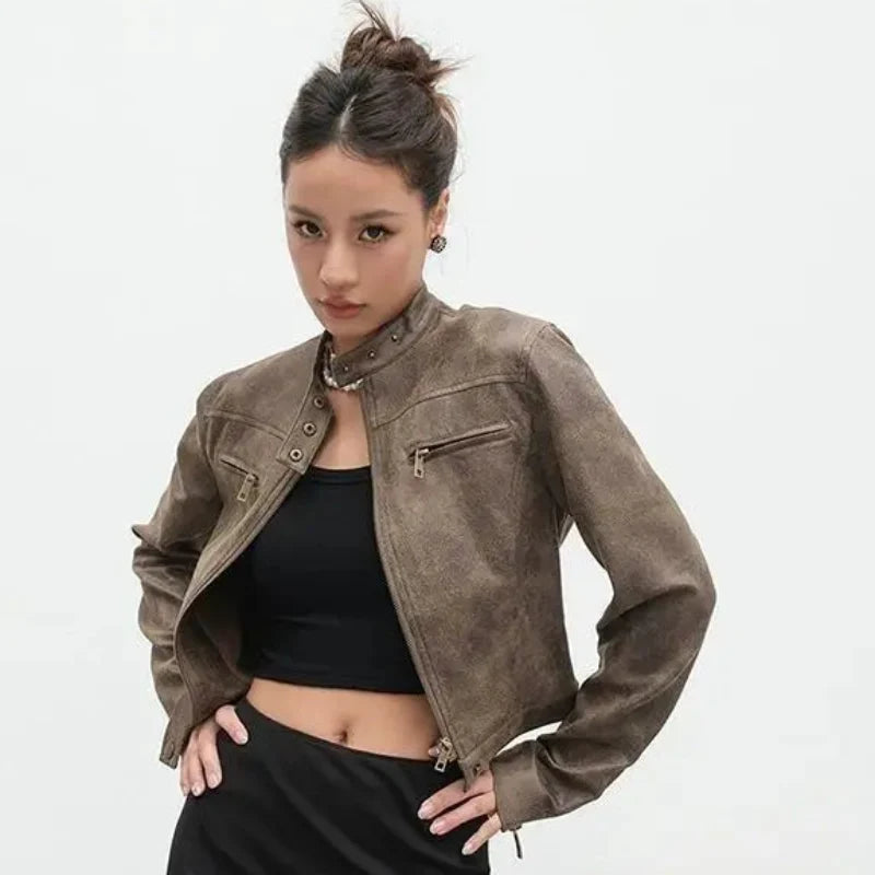 Retro Suede Leather Jacket – Women's Cropped Collarless Coat