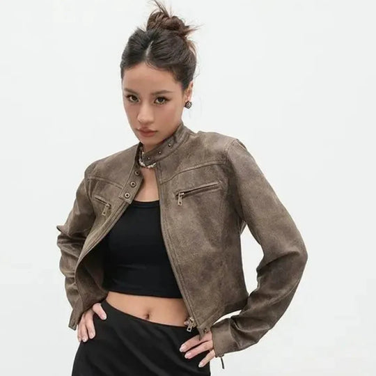 Retro Suede Leather Jacket – Women's Cropped Collarless Coat
