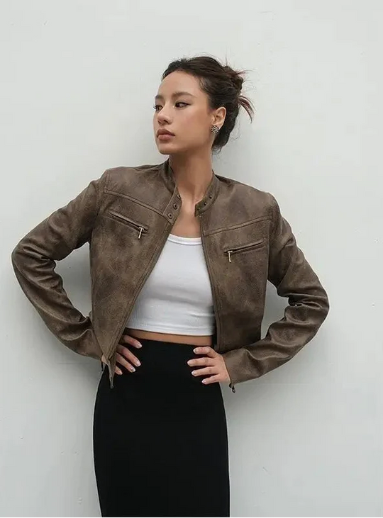 Retro Suede Leather Jacket – Women's Cropped Collarless Coat