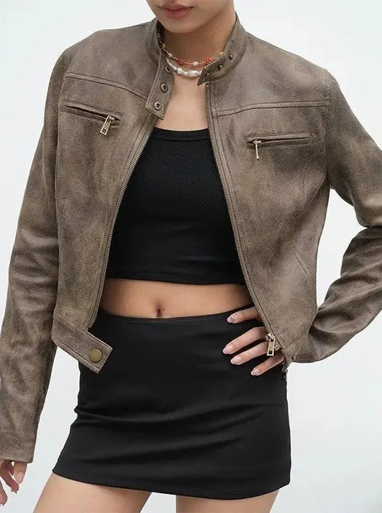 Retro Suede Leather Jacket – Women's Cropped Collarless Coat