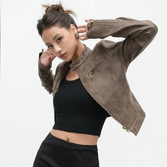 Retro Suede Leather Jacket – Women's Cropped Collarless Coat