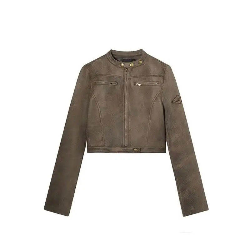 Retro Suede Leather Jacket – Women's Cropped Collarless Coat