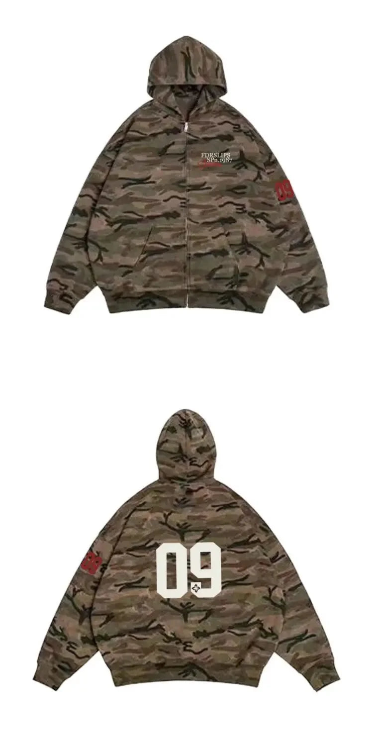 Retro Camouflage Zip-Up Hoodie – Unisex Loose Fit Pullover
