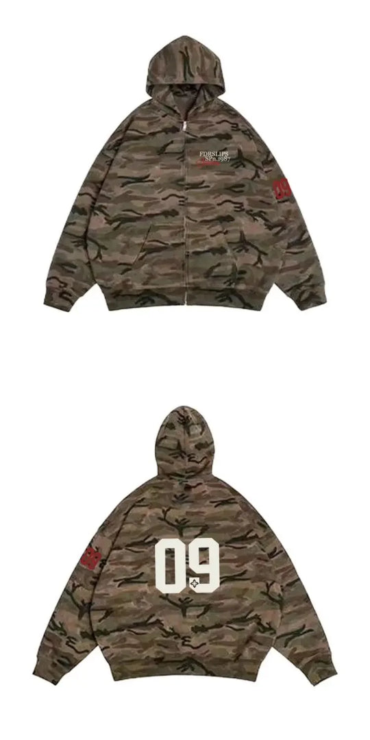 Retro Camouflage Zip-Up Hoodie – Unisex Loose Fit Pullover
