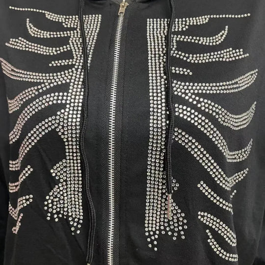 Rhinestone Skeleton Hoodie – Women's Oversized Baggy Zip-Up