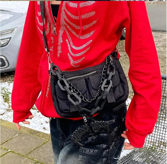 Rhinestone Skeleton Hoodie – Women's Oversized Baggy Zip-Up