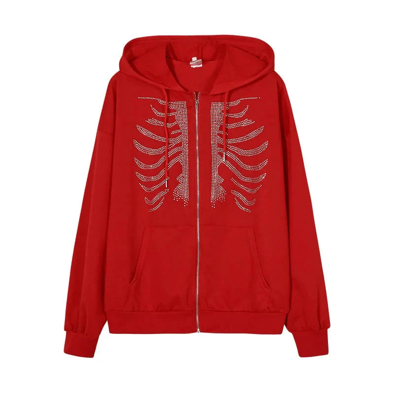 Rhinestone Skeleton Hoodie – Women's Oversized Baggy Zip-Up