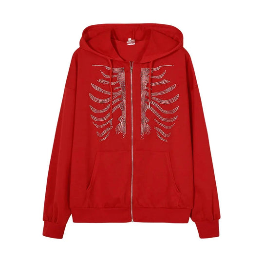 Rhinestone Skeleton Hoodie – Women's Oversized Baggy Zip-Up