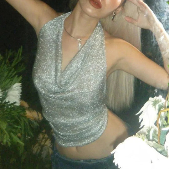 Sequin Sparkle Halter Top – Women's Backless Crop Top