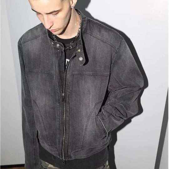 Motorcycle Denim Jacket – Men's Cropped Zip-Up Coat