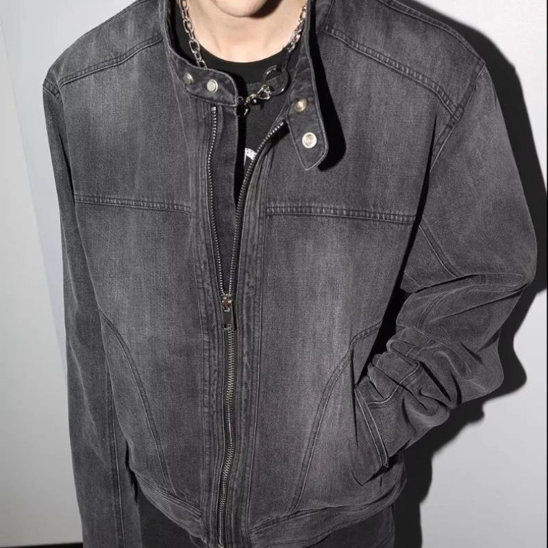 Motorcycle Denim Jacket – Men's Cropped Zip-Up Coat