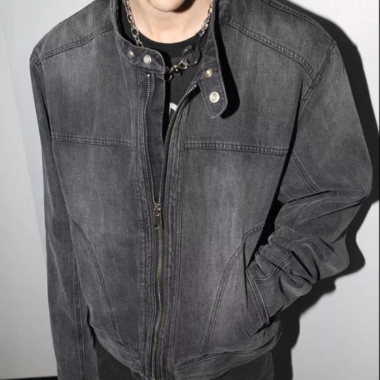 Motorcycle Denim Jacket – Men's Cropped Zip-Up Coat