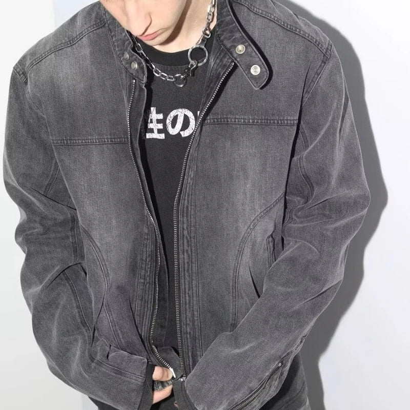 Motorcycle Denim Jacket – Men's Cropped Zip-Up Coat