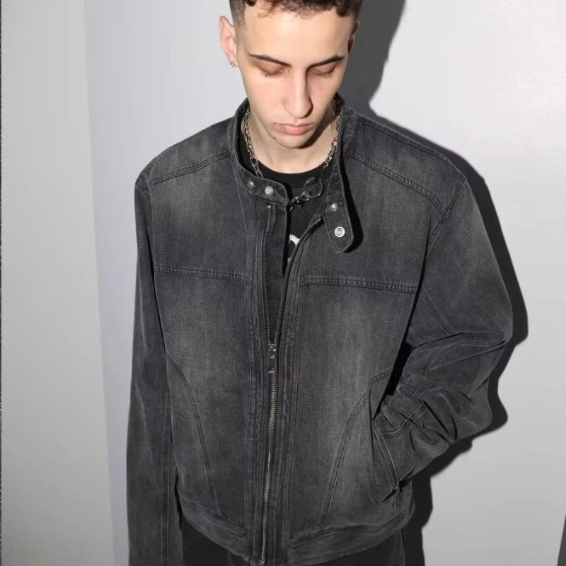 Motorcycle Denim Jacket – Men's Cropped Zip-Up Coat