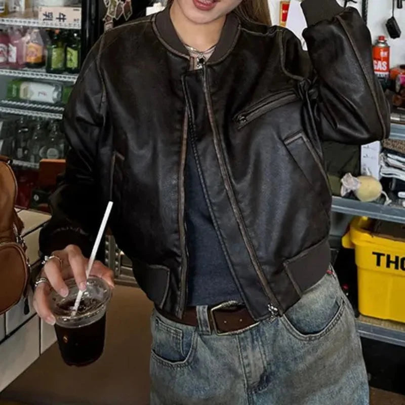Motorcycle Leather Jacket – Women's Cropped Distressed Coat
