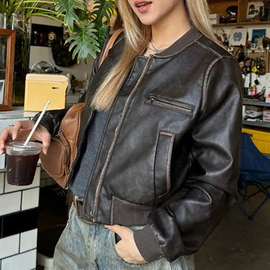 Motorcycle Leather Jacket – Women's Cropped Distressed Coat