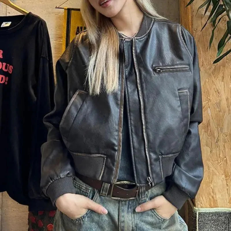 Motorcycle Leather Jacket – Women's Cropped Distressed Coat