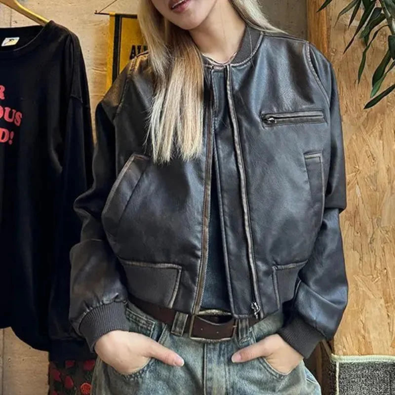 Motorcycle Leather Jacket – Women's Cropped Distressed Coat