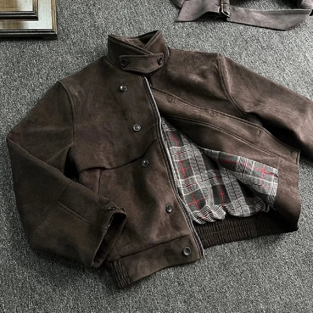 Boxy Suede Leather Jacket – Women's Cropped Snap Button Coat