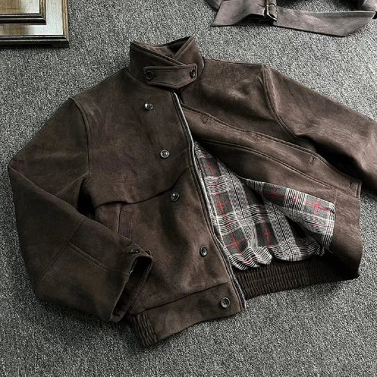 Boxy Suede Leather Jacket – Women's Cropped Snap Button Coat