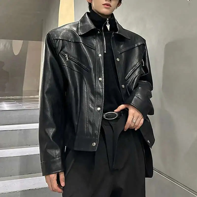 Shoulder Padded Leather Jacket – Men's Structured Boxy Coat