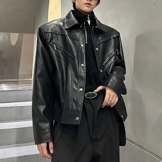 Shoulder Padded Leather Jacket – Men's Structured Boxy Coat