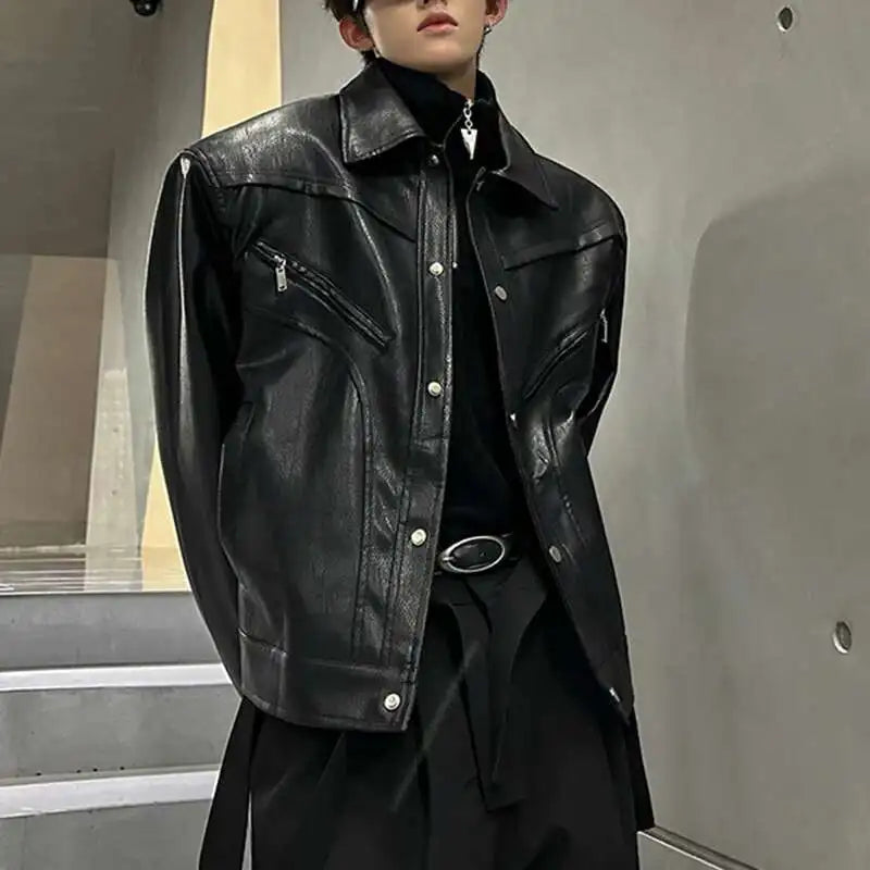 Shoulder Padded Leather Jacket – Men's Structured Boxy Coat