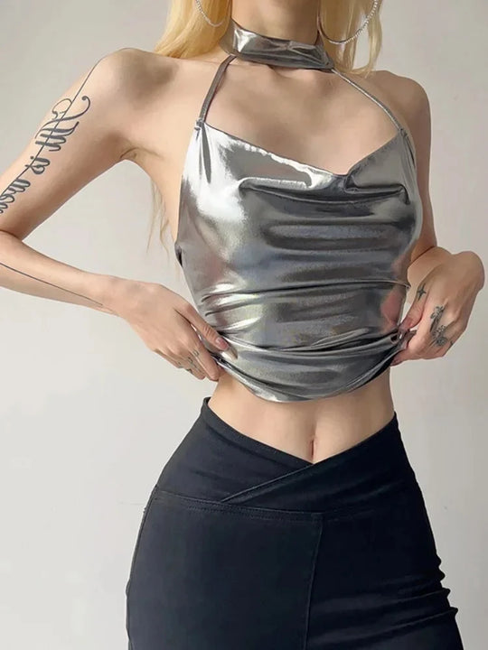 Metallic Halter Top – Women's Backless Statement Top