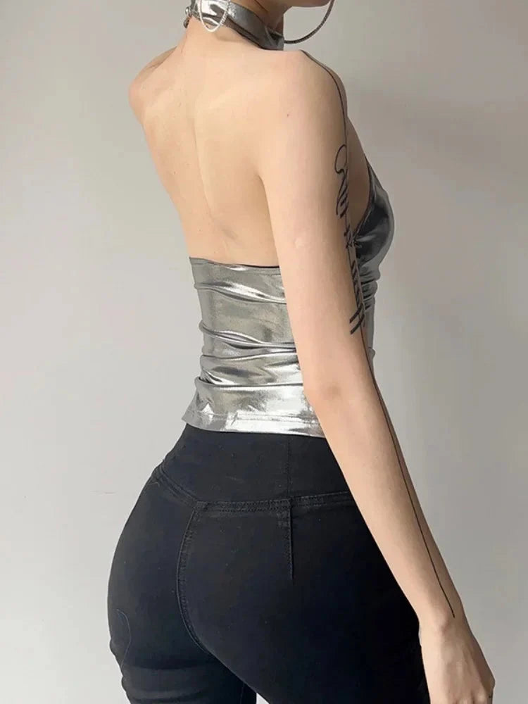 Metallic Halter Top – Women's Backless Statement Top