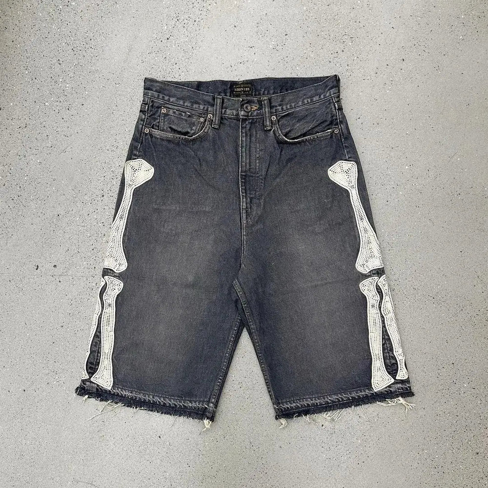 Skeleton Embroidered Jorts – Men's Baggy Denim Shorts
