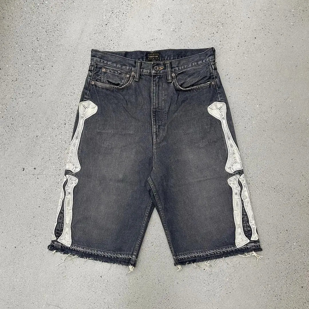 Skeleton Embroidered Jorts – Men's Baggy Denim Shorts
