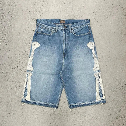 Skeleton Embroidered Jorts – Men's Baggy Denim Shorts