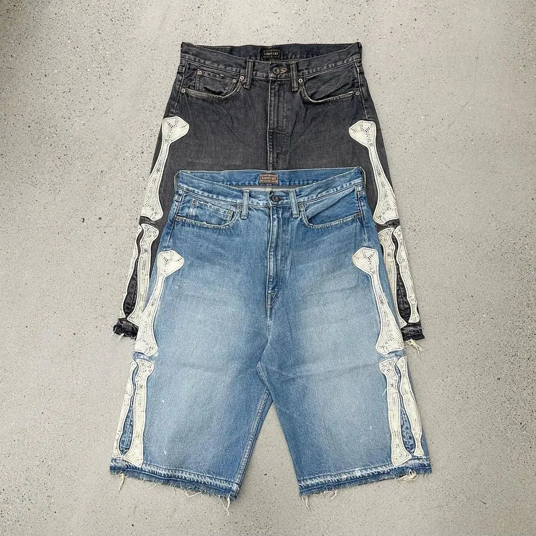 Skeleton Embroidered Jorts – Men's Baggy Denim Shorts