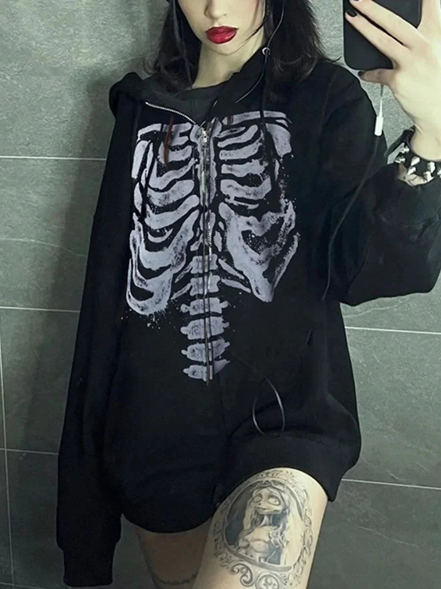 Skeleton Graphic Zip-Up Hoodie – Unisex Oversized Fit