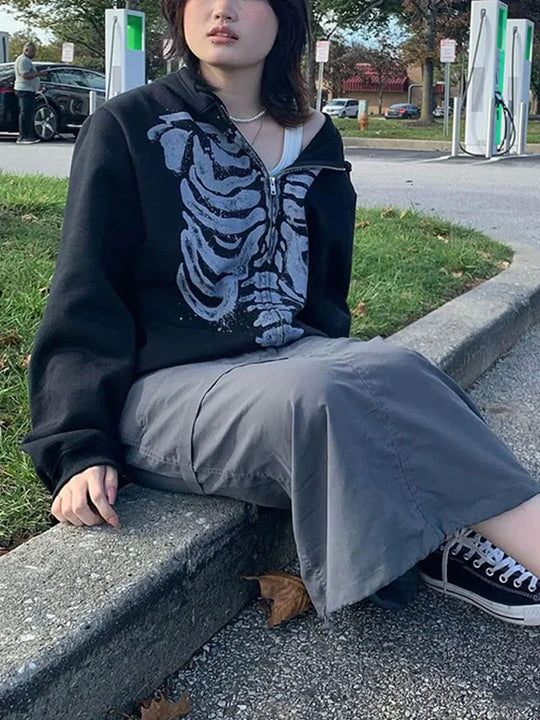 Skeleton Graphic Zip-Up Hoodie – Unisex Oversized Fit