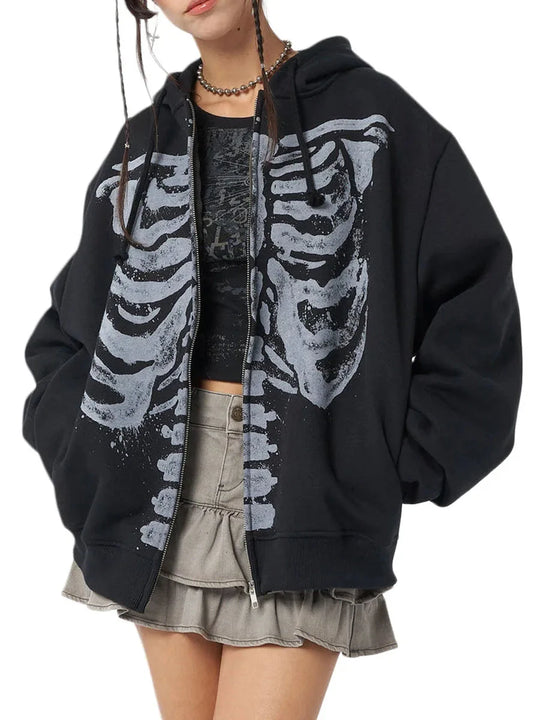 Skeleton Graphic Zip-Up Hoodie – Unisex Oversized Fit