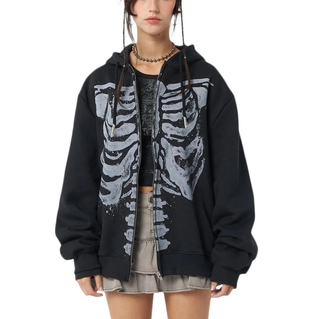 Skeleton Graphic Zip-Up Hoodie – Unisex Oversized Fit