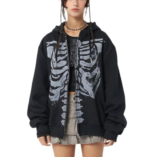 Skeleton Graphic Zip-Up Hoodie – Unisex Oversized Fit