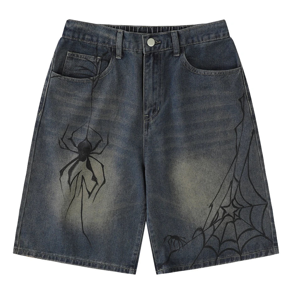 Spider Cobweb Graphic Jorts – Men's Baggy Denim Shorts