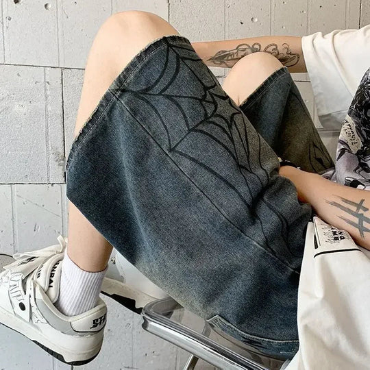Spider Graphic Denim Jorts – Unisex Loose Fit Shorts