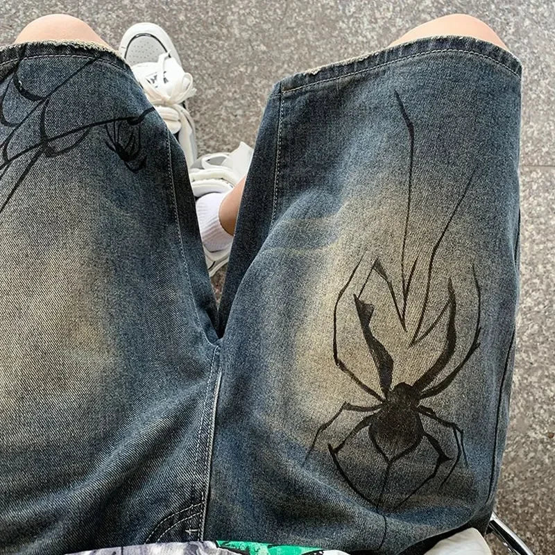 Spider Graphic Denim Jorts – Unisex Loose Fit Shorts