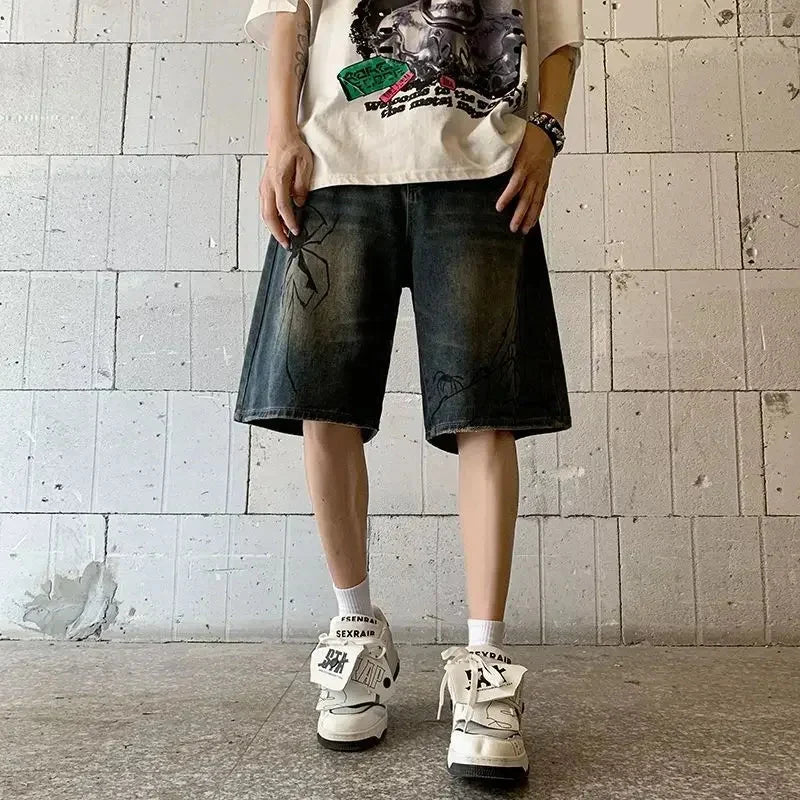 Spider Graphic Denim Jorts – Unisex Loose Fit Shorts
