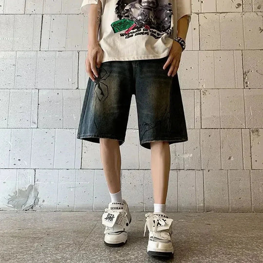 Spider Graphic Denim Jorts – Unisex Loose Fit Shorts