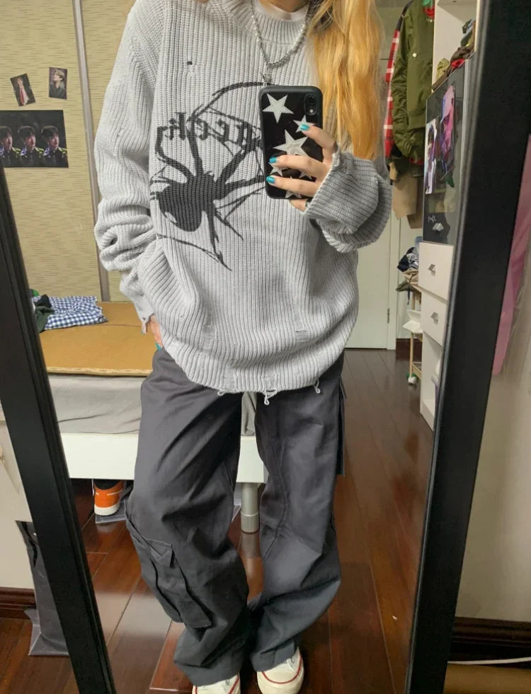 Spider Graphic Knit Sweater – Unisex Oversized Jumper