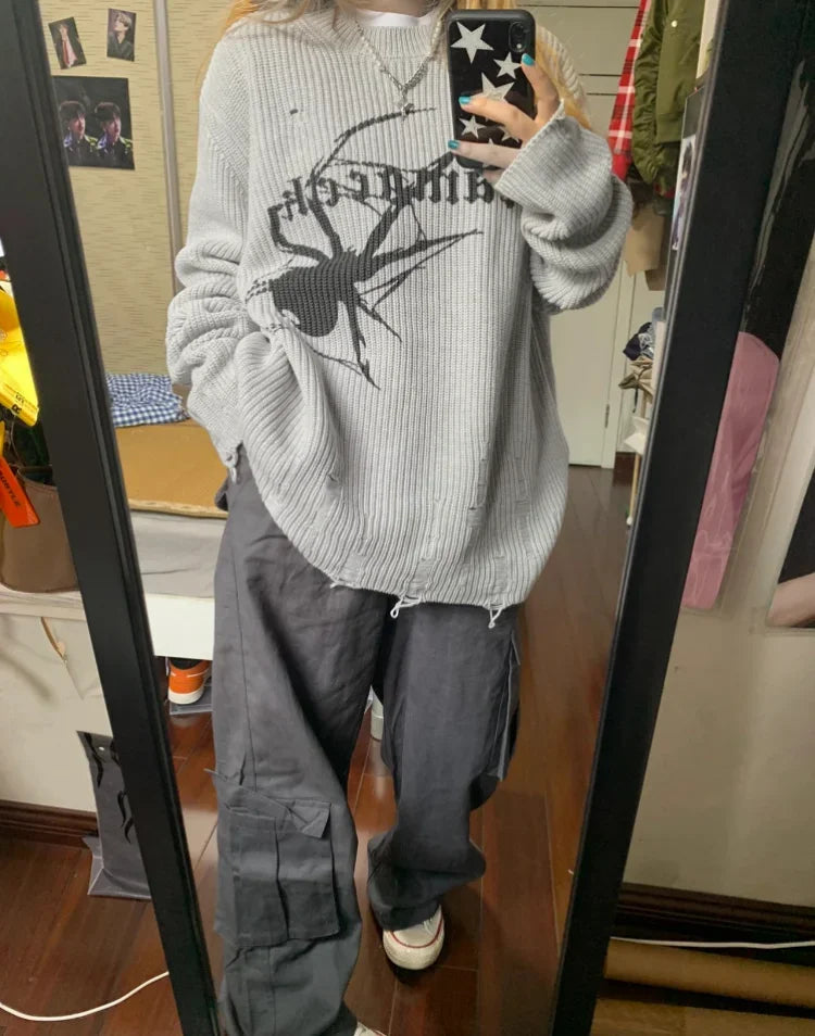 Spider Graphic Knit Sweater – Unisex Oversized Jumper